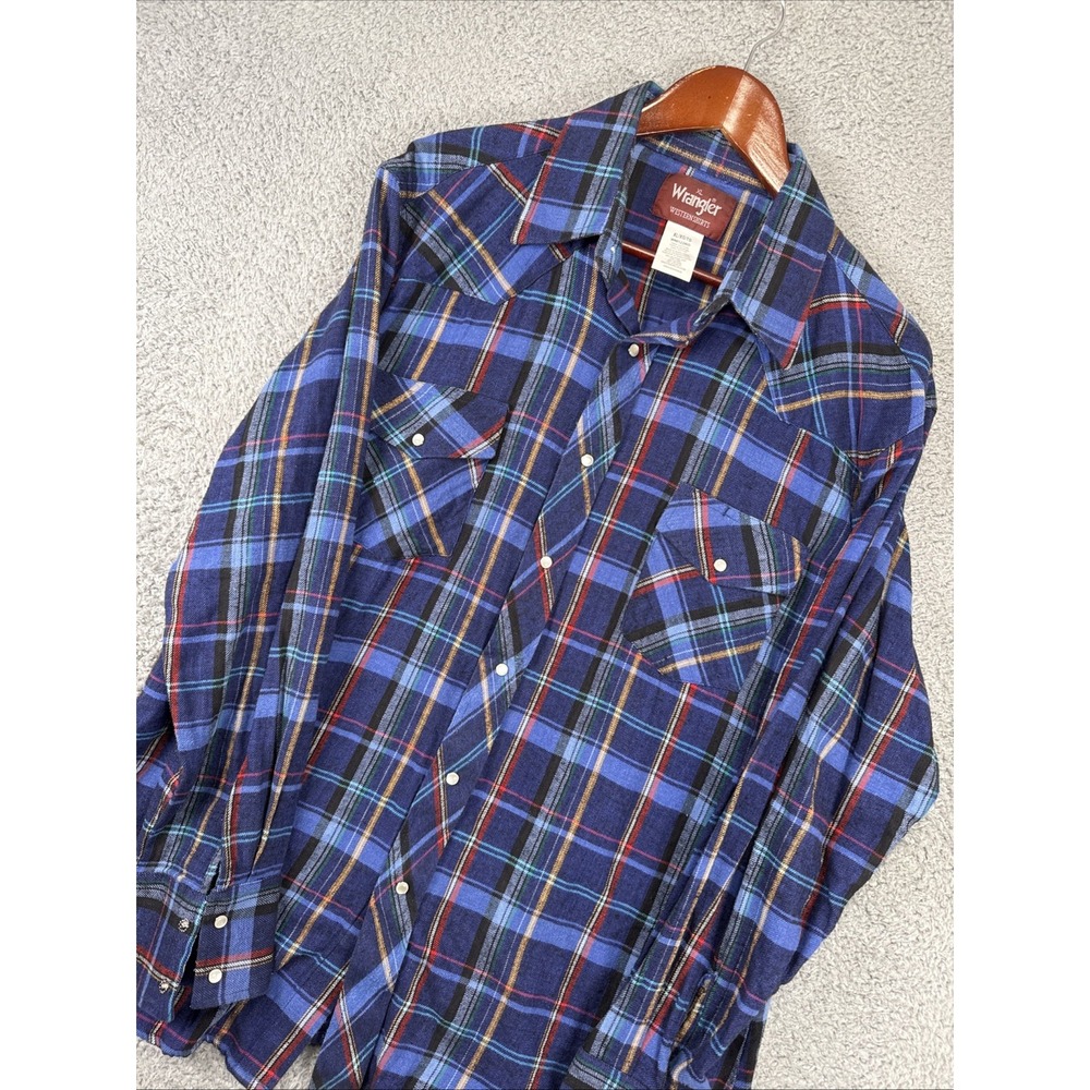 Wrangler Shirt Mens‎ XL BLUE Flannel Pearl Snap Cowboy Lumberjack Western